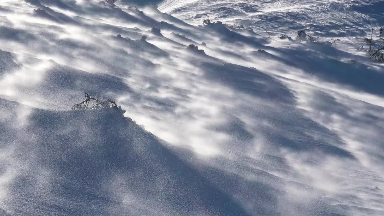 强风吹雪，在寒冷的冬季阿尔卑斯山脉多风自然，风警告户外背景视频下载