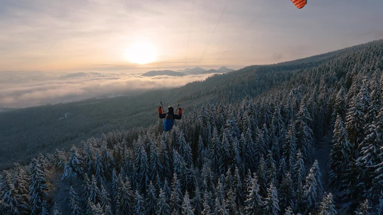滑翔伞动作飞行接近冬季森林，自由肾上腺素冒险视频下载