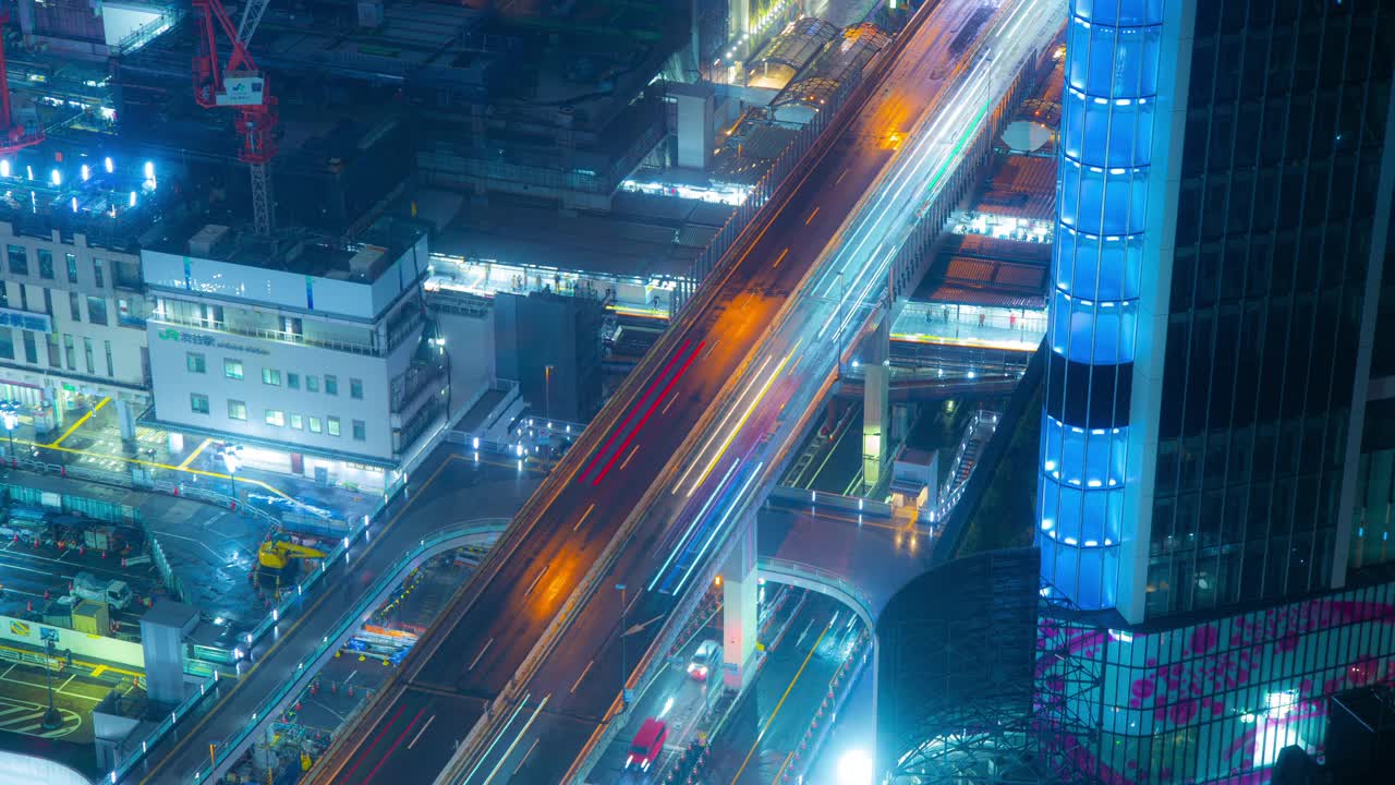 霓虹灯夜高速公路架空蓝色东京未来酷4k视频下载