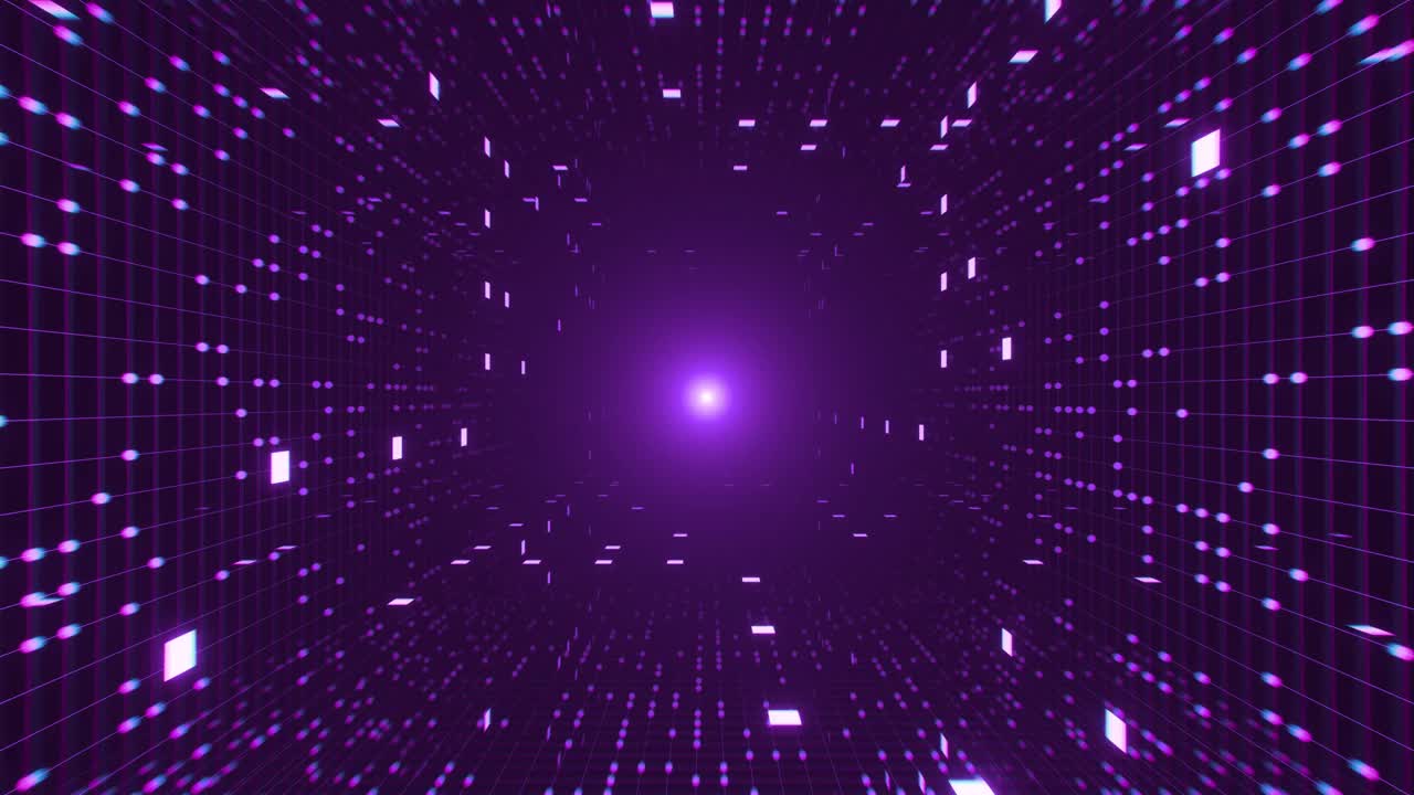无缝循环抽象隧道与发光的霓虹灯点和网格线，动画视频下载