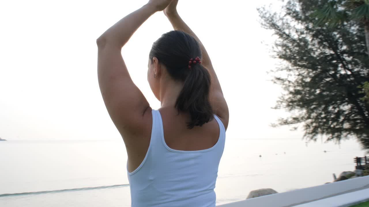 宁静的瑜伽课程的年轻女子在海边视频下载
