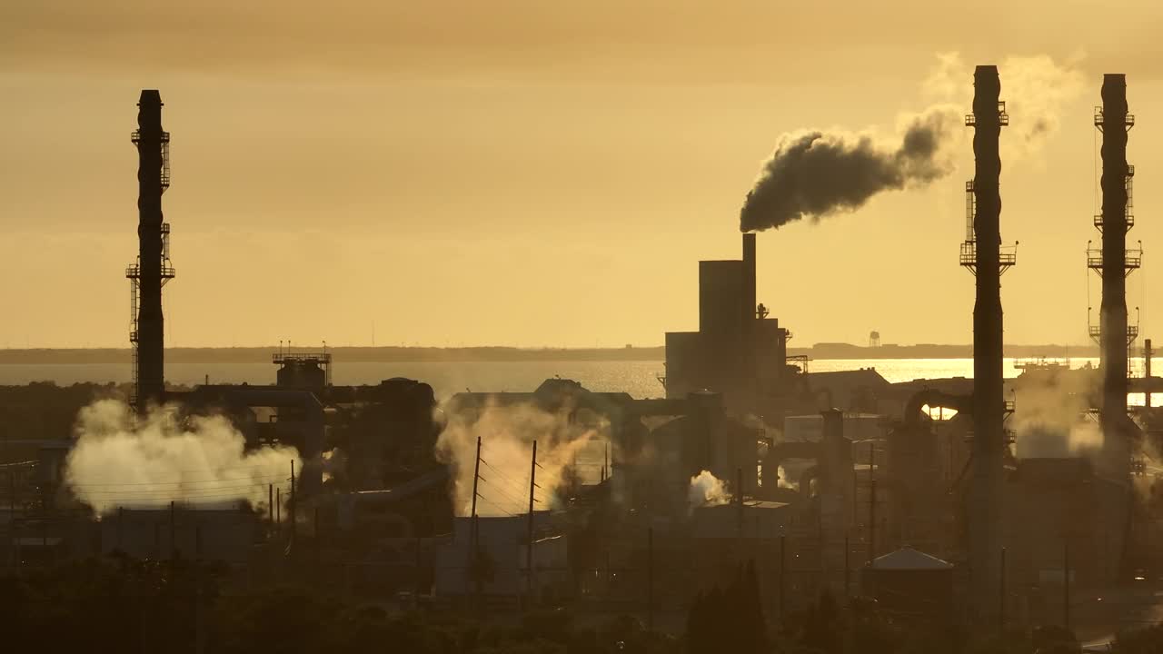 化工生产污染大气有毒物质的磷酸工业设施。佛罗里达州坦帕市的马赛克河景工厂。磷酸盐处理和加工工厂视频下载