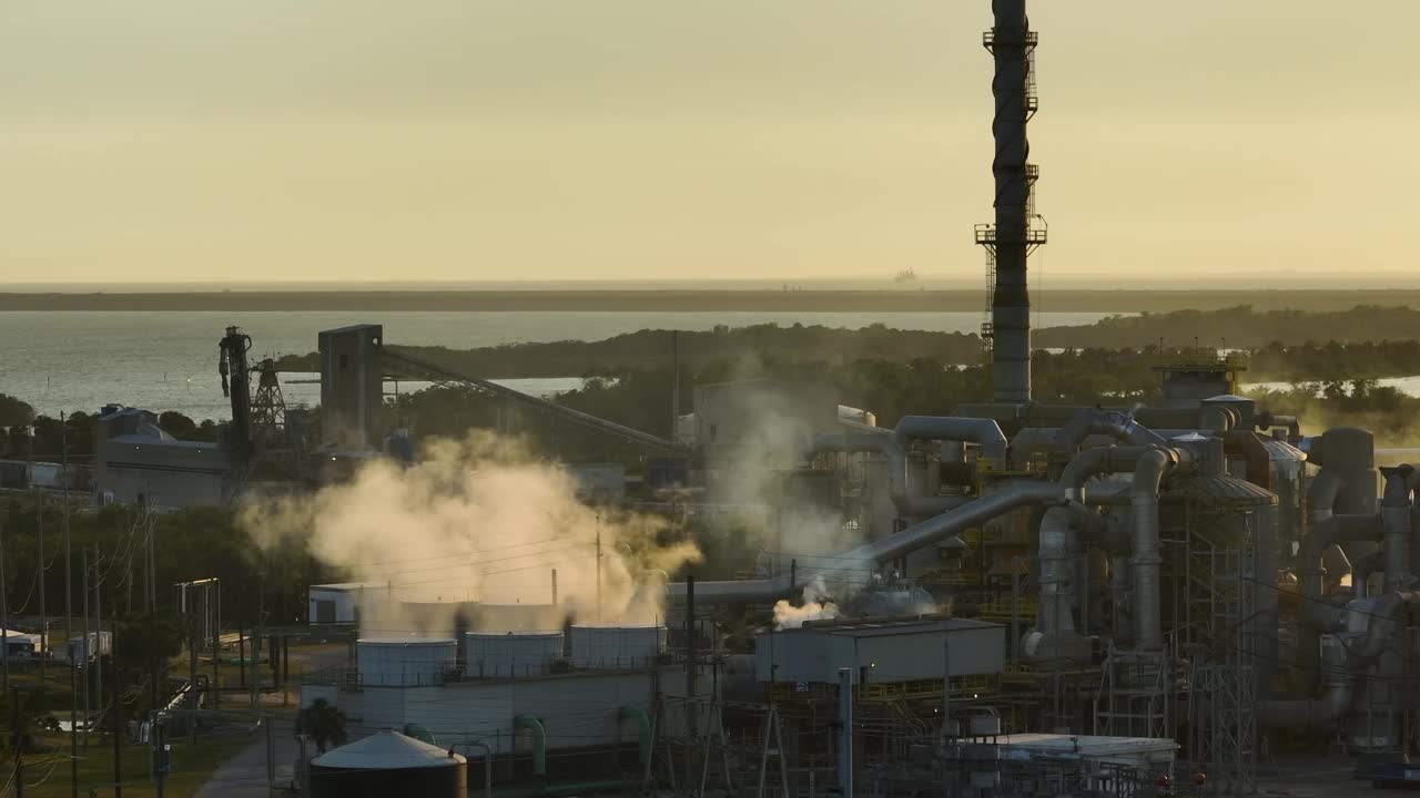 工厂处理和处理的磷酸盐排放有毒蒸汽污染空气。佛罗里达州坦帕市的马赛克河景工厂。化工生产磷酸的工业设施视频下载