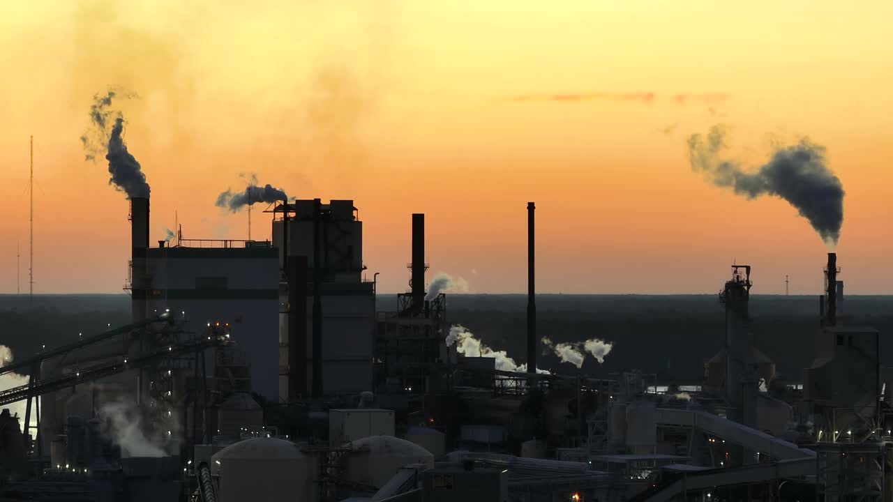 大型工厂鸟瞰图，生产过程中的烟囱污染了工厂制造场的大气。夕阳下的工业用地视频下载