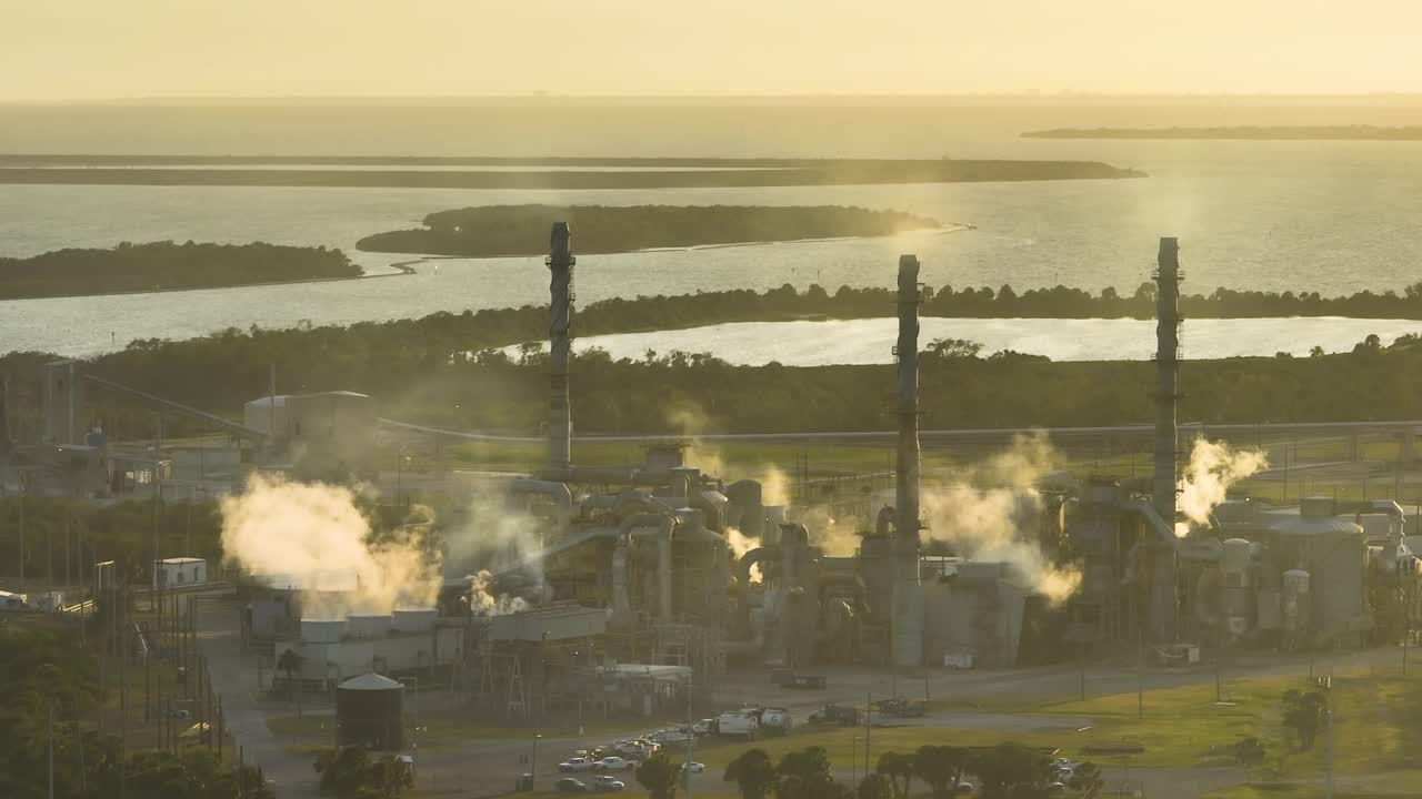 工厂处理和处理的磷酸盐排放有毒蒸汽污染空气。佛罗里达州坦帕市的马赛克河景工厂。化工生产磷酸的工业设施视频下载