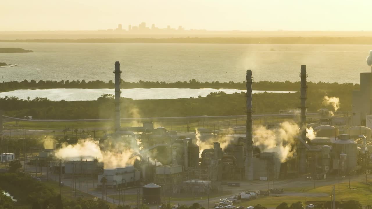 佛罗里达州坦帕市的马赛克河景工厂。磷酸盐处理和加工工厂。化工生产磷酸的工业设施视频下载