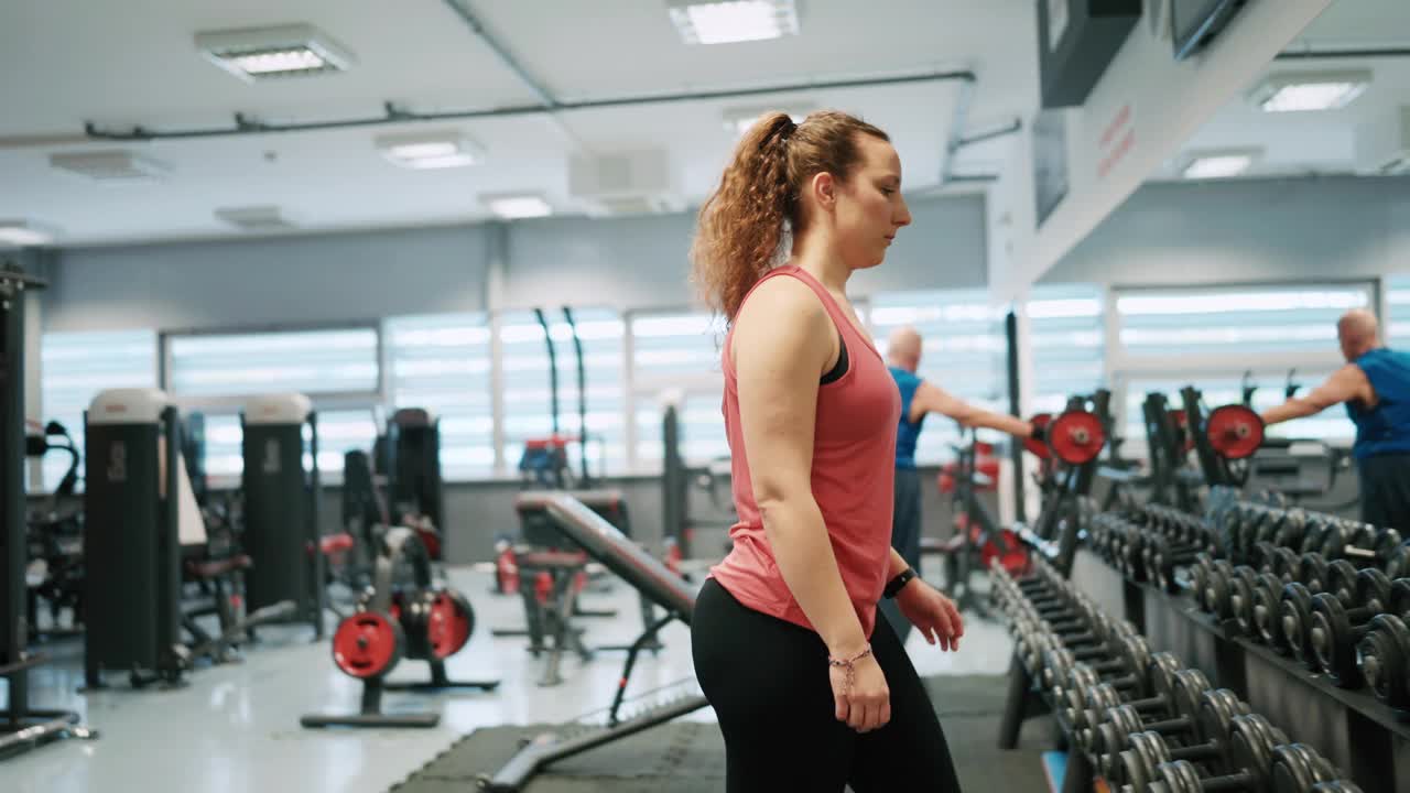 坚定的年轻女子穿着运动服在健身房的镜子前用哑铃锻炼视频下载