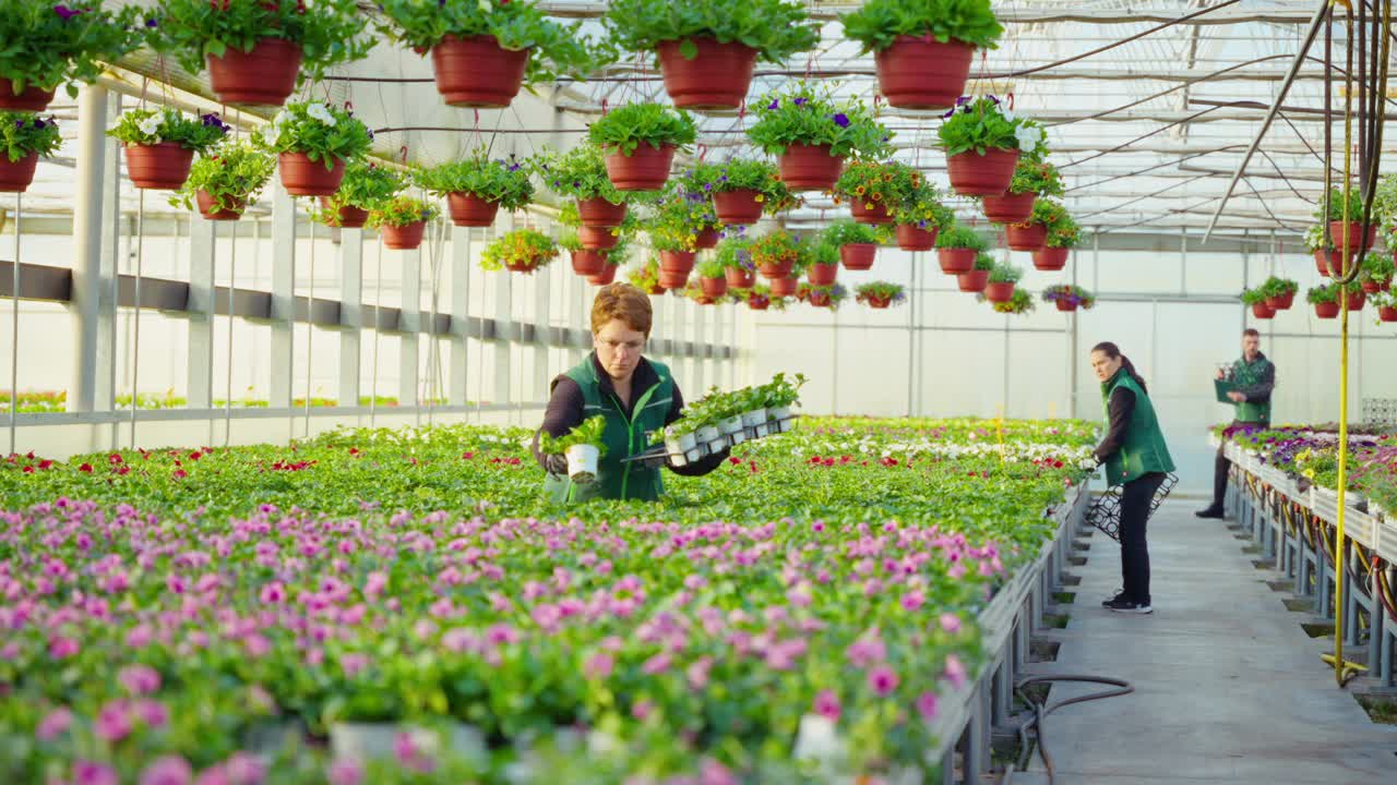 穿制服的年轻女工在温室工作时将开花植物放在托盘里视频下载