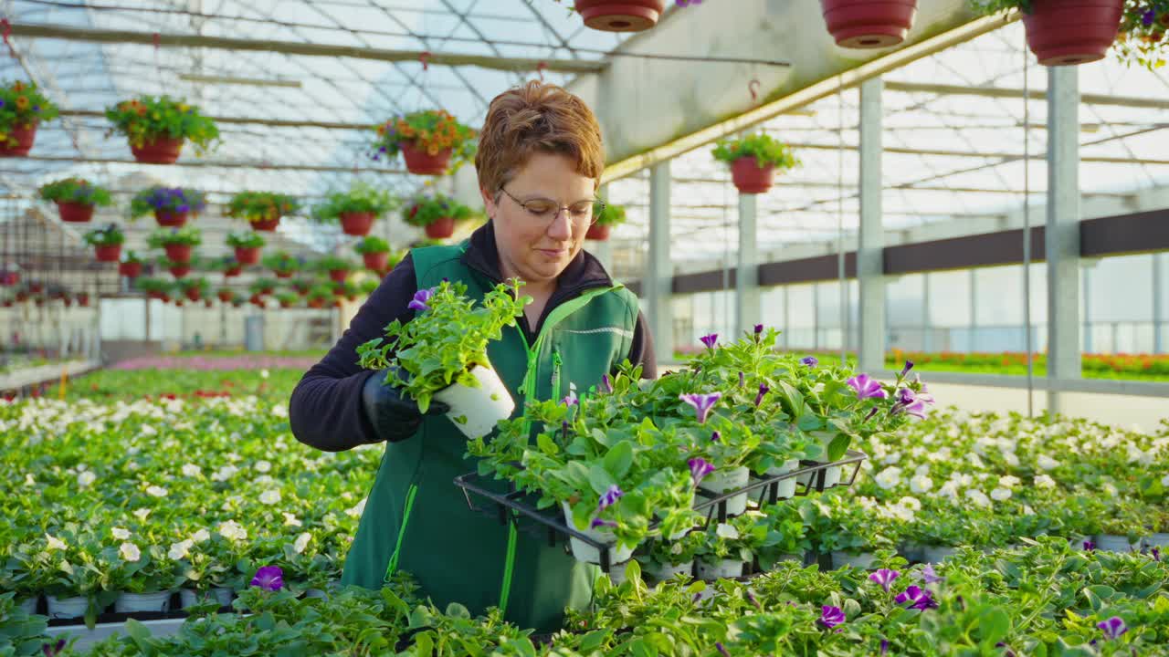 穿着制服的温室女工微笑着把开花植物放在托盘里，看着镜头视频下载