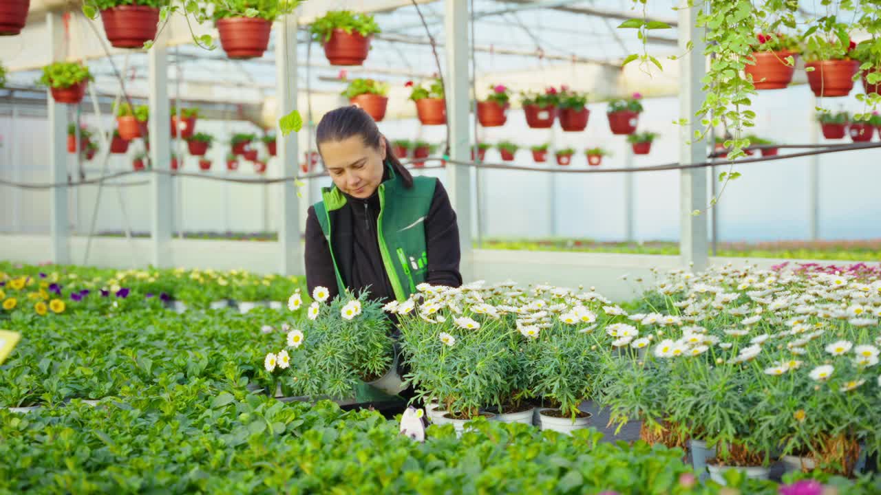 微笑的穿制服的女工在温室里拿着一盘白雏菊开花植物视频下载
