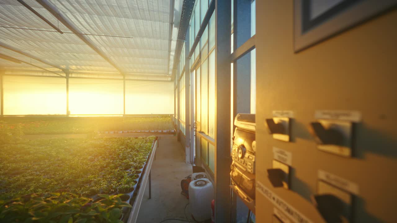 日落时分年轻男农民进入温室操作电板的SLO MO跟踪镜头视频下载