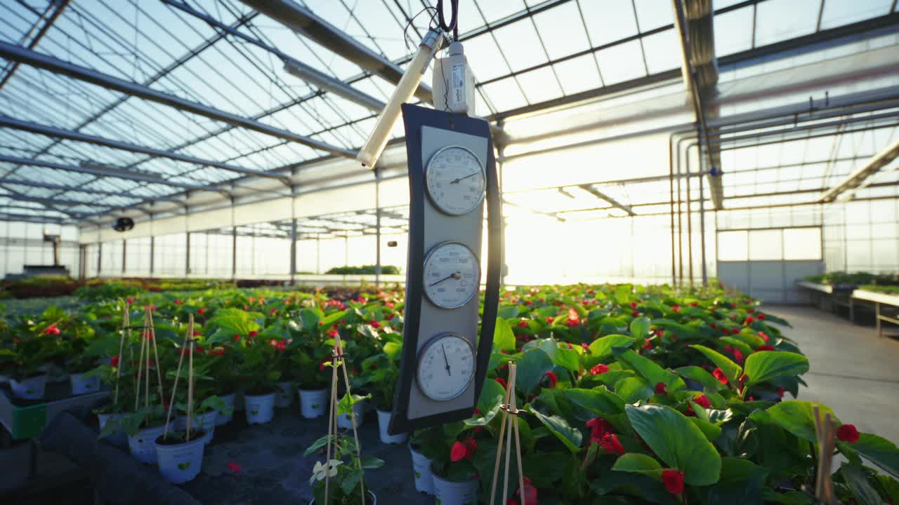 温室悬挂温度计和湿度计的SLO MO跟踪镜头视频下载