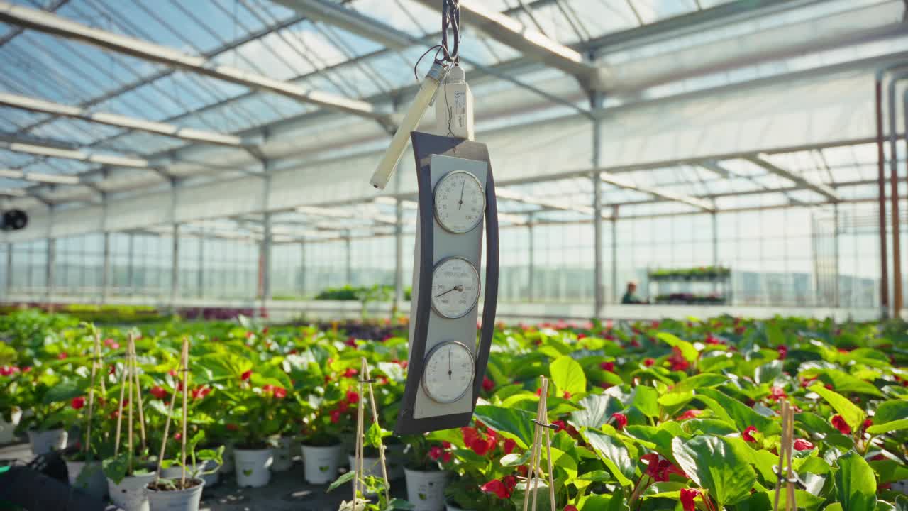 温室植物悬挂温度计和湿度计的SLO MO跟踪拍摄视频下载