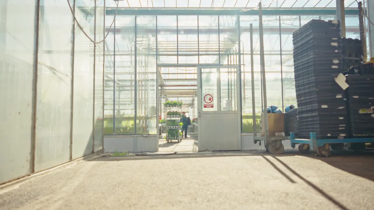 女工在温室外推着一车植物的慢镜头视频下载