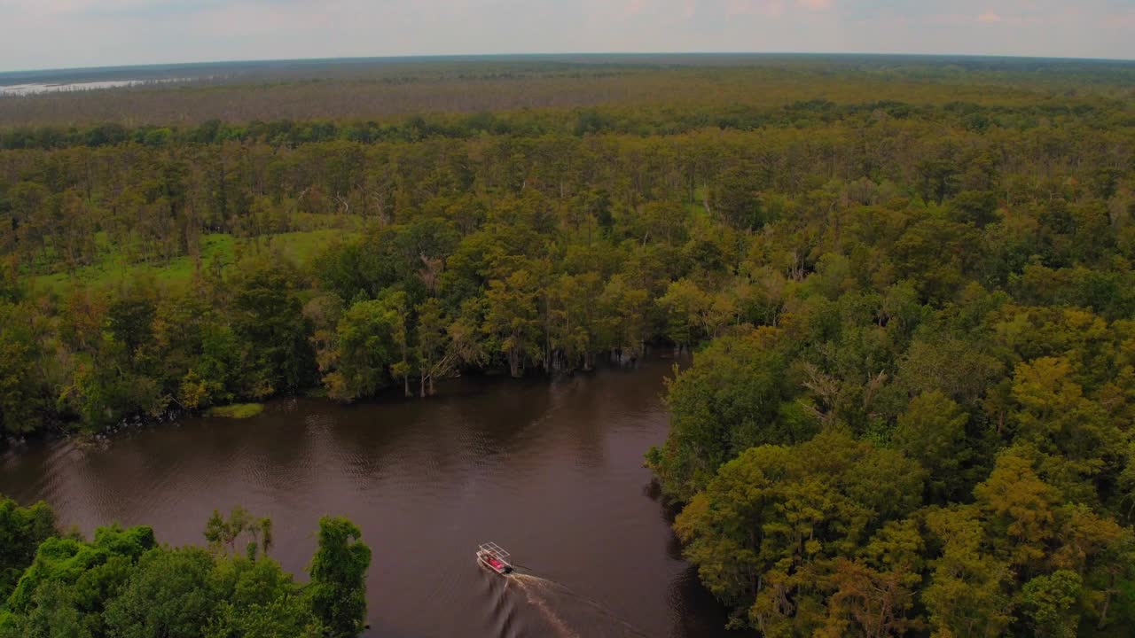 空中倾斜向下以色利前进党拍摄的摩托艇移动的溪流中绿色的树木在丛林-海湾Vista，德克萨斯州视频下载