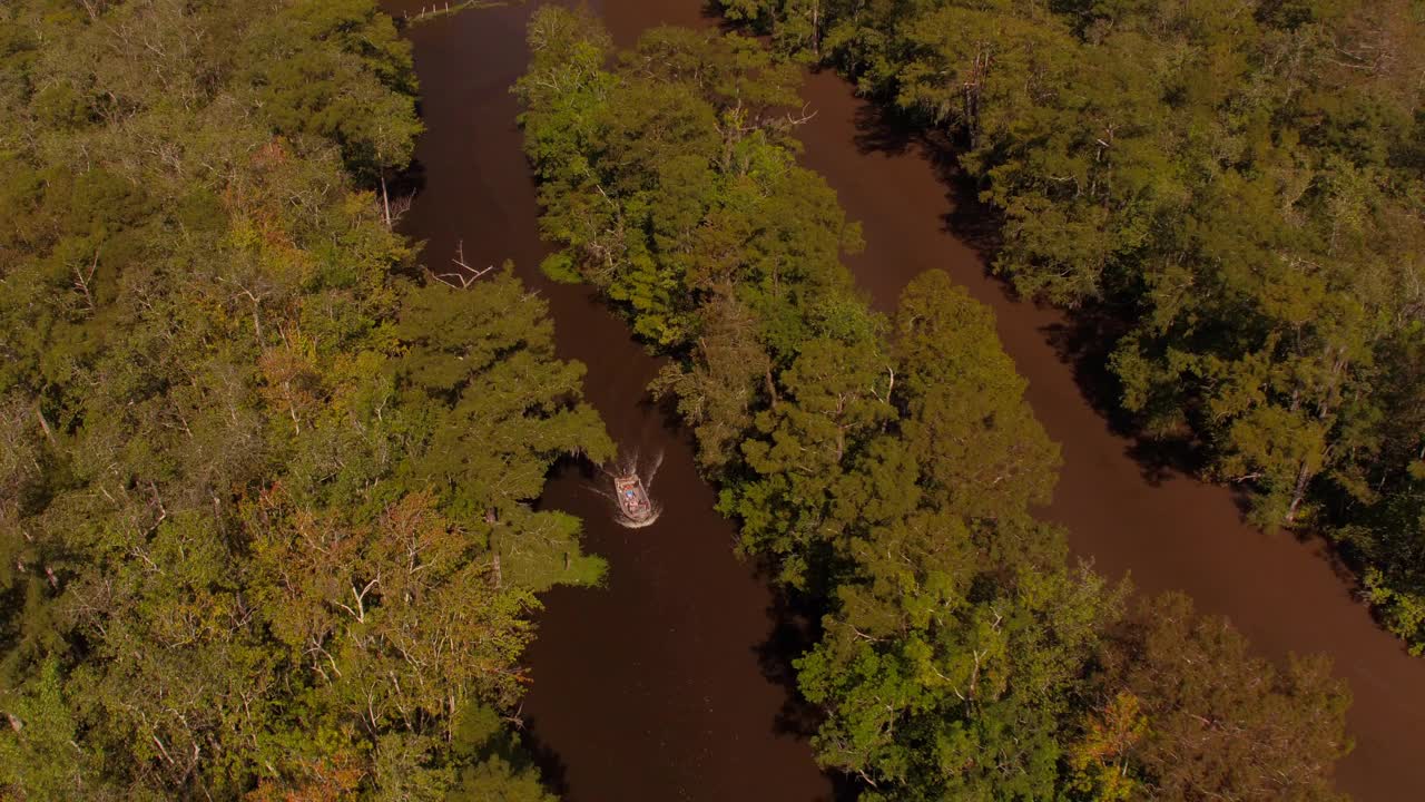 航拍倾斜的汽艇移动在绿色的森林树木，无人机飞行在阳光明媚的一天，在河溪向后，得克萨斯州视频下载