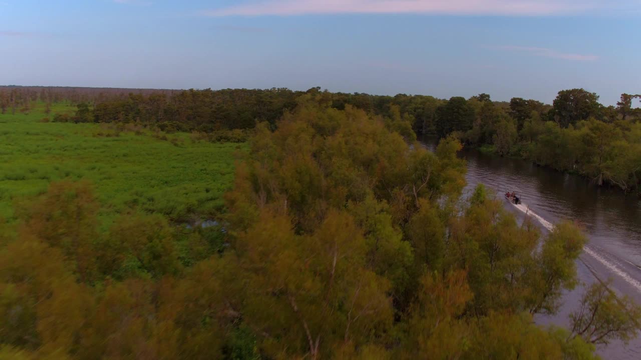 航拍的汽艇在Bayou溪流上移动，无人机以色利前进党在绿色的森林树木- Bayou Vista，德克萨斯州视频下载