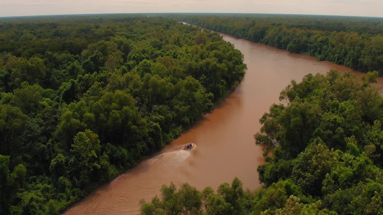 航拍汽艇在河上移动的美丽景色，无人机以色利前进党在绿色的森林树木- Bayou Vista，德克萨斯州视频下载