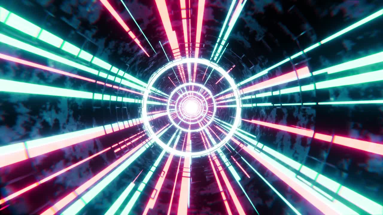 抽象的科幻隧道与五颜六色的霓虹灯。3D无缝动画视频素材