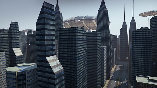 飞碟在城市上空盘旋的动画视频素材
