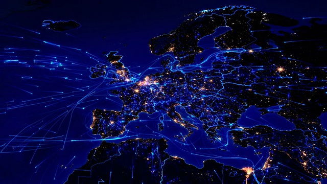世界地图与连接。Europe-North美国。蓝色的。视频下载