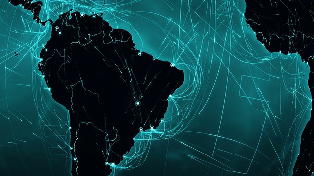 地球连接。南美洲。空中、海上、地面航线/国家边界。视频下载