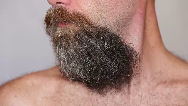 一个赤膊男子的极端近距离照顾他茂盛的胡子和小胡子视频下载