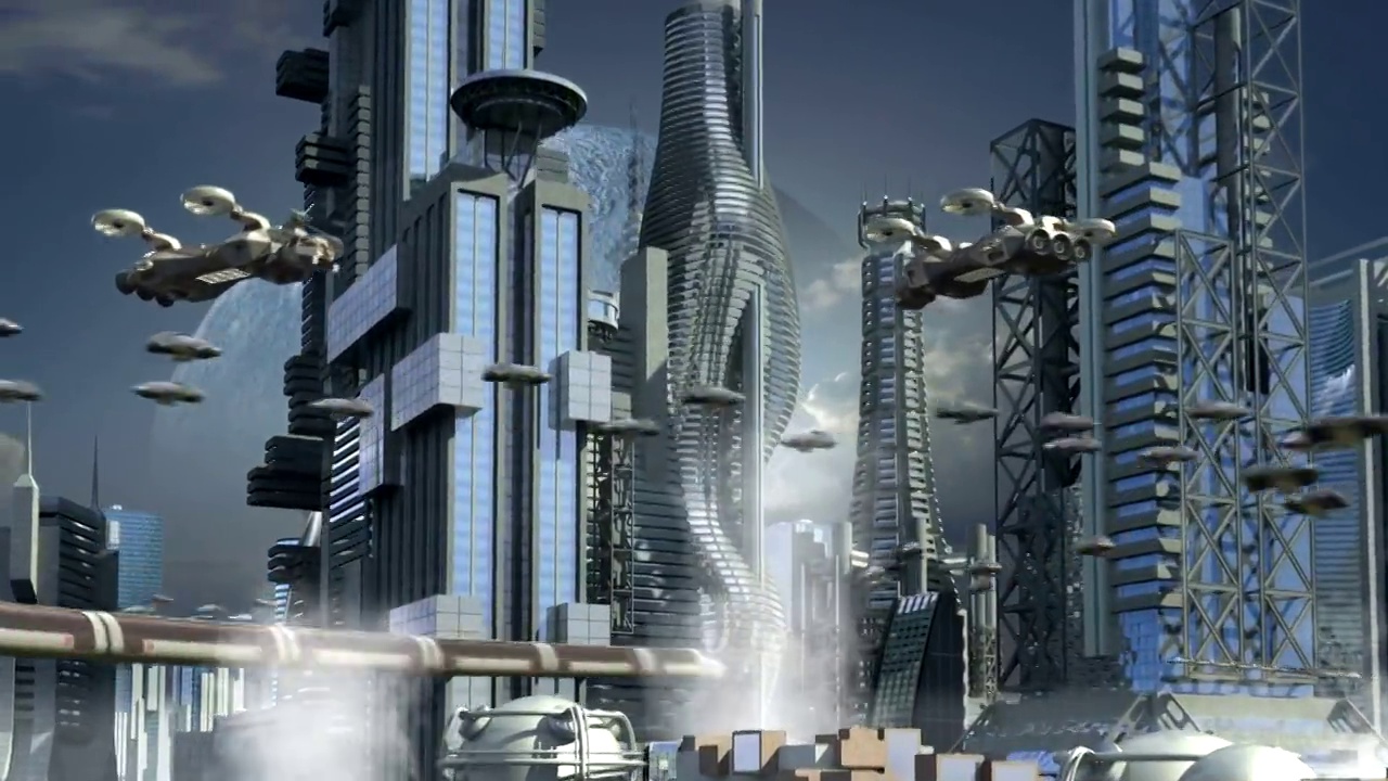 未来城市，有摩天大楼和直升飞机视频素材