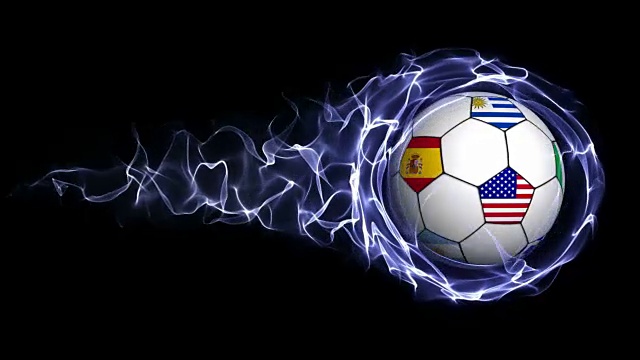 世界旗帜足球在蓝色抽象粒子环，环视频素材