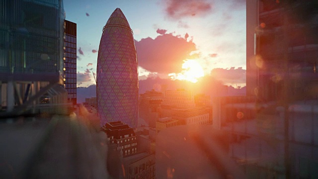 伦敦美丽的日出在瑞士再保险总部，小黄瓜，相机飞视频下载