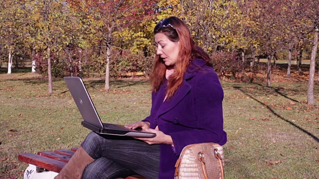 秋天公园里用笔记本电脑交流的女人视频素材