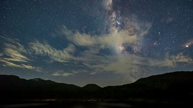 时间流逝-水库上的银河与山夜空。视频素材