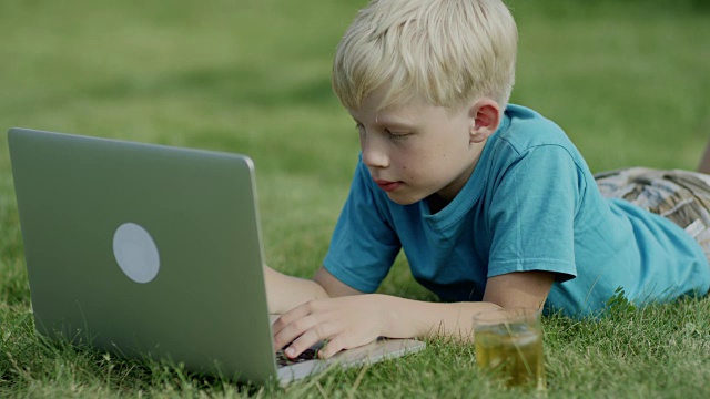 男孩在草地上用笔记本电脑视频素材