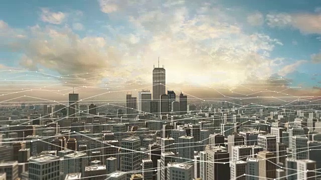 鸟瞰图城市天际线与未来的网络连接。视频素材