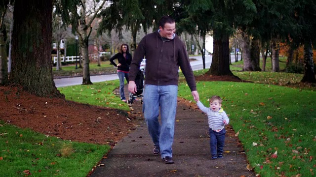 可爱的小男孩牵着爸爸的手在秋天的一天在公园里散步视频下载