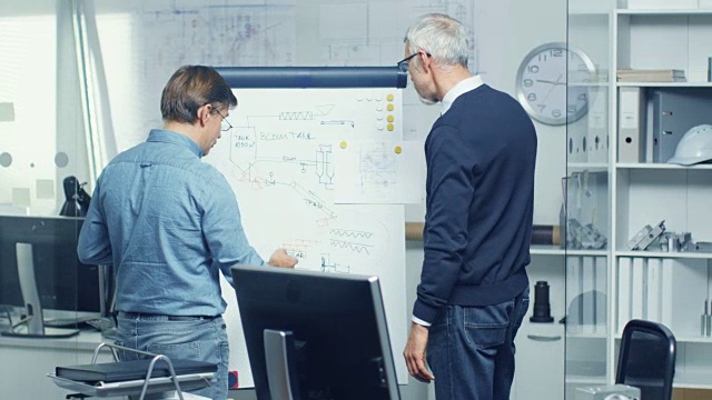 在建筑工程办公室，两位高级工程师在白板上处理草稿。他们的办公室看起来简约而现代。视频素材