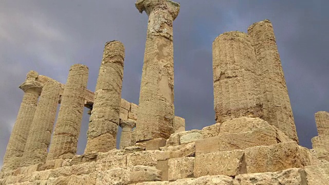 古希腊的朱诺神庙(公元前五至六世纪)，神庙山谷，阿格里琴托，西西里。该地区于1997年被列入联合国教科文组织世界遗产名录视频素材