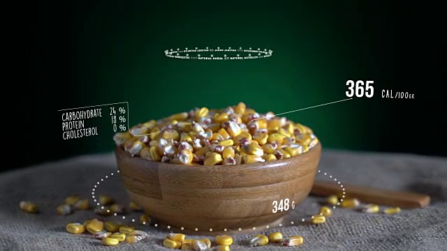玉米含维生素、微量元素和矿物质信息图。能量，卡路里和成分视频素材