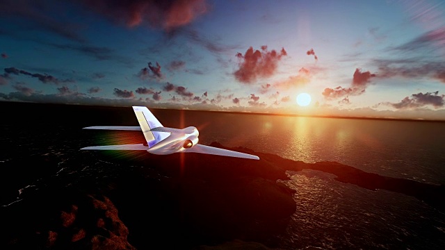 塞斯纳飞机在海洋和岛屿上空，时间流逝日出与半月视频下载