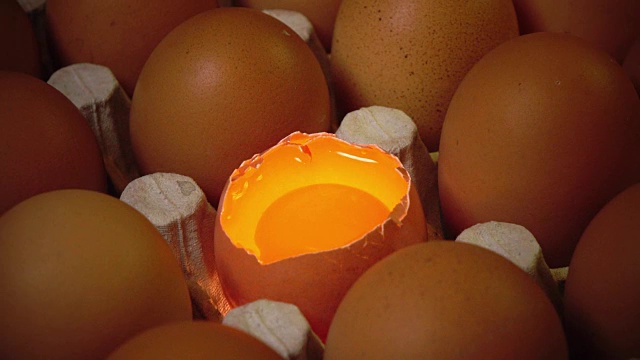 鸡蛋躺在纸板上支撑着，一个鸡蛋破了视频素材