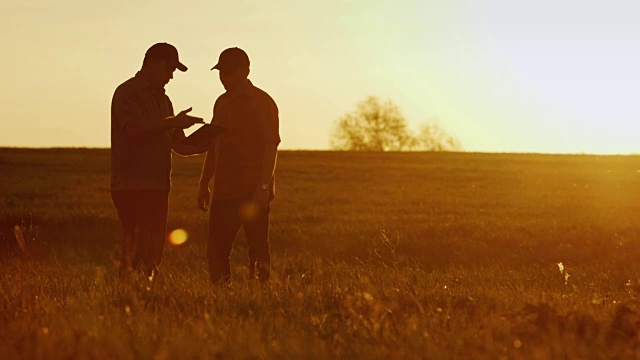 两个农业家紧紧地握着手。他们在美丽的日落下在球场上聊天，他们使用平板电脑。交易视频下载
