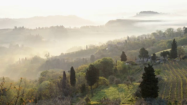 意大利托斯卡纳圣吉米尼亚诺墙上雾蒙蒙的清晨全景图视频下载