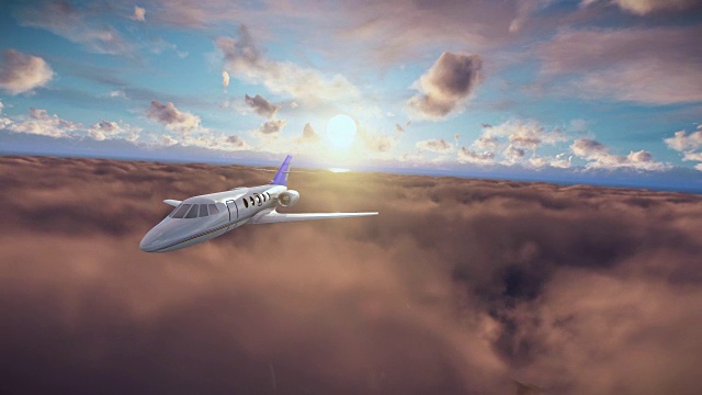日落时，塞斯纳在云层上空飞行视频下载