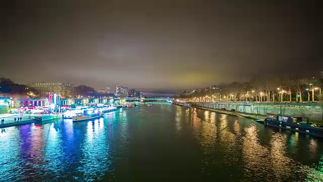 法国夜间照明著名的巴黎塞纳河耶拿大桥全景4k时间流逝视频下载