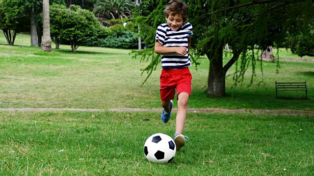 男孩在公园里踢足球视频下载
