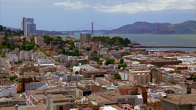 高角度广角拍摄的观点，在金门大桥的建筑顶部背景/旧金山，加利福尼亚视频素材