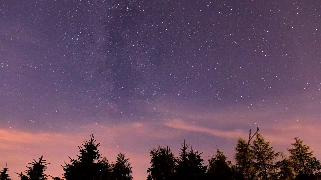 星星和银河在夜空中移动，森林上空时光流逝。视频素材