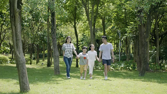 亚洲四口之家在阳光明媚的夏天慢镜头中漫步和欢笑视频下载