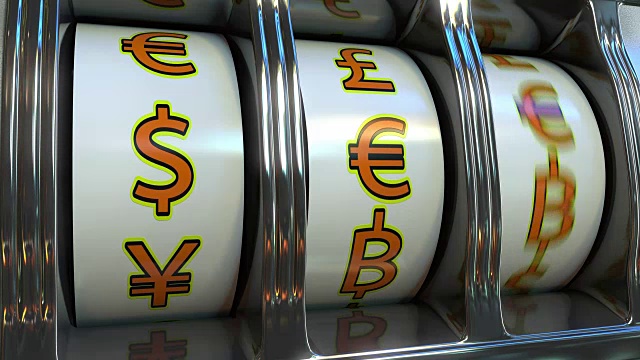 有不同货币符号的老虎机-美元，欧元，英镑。外汇、财富或投资者的运气概念视频下载