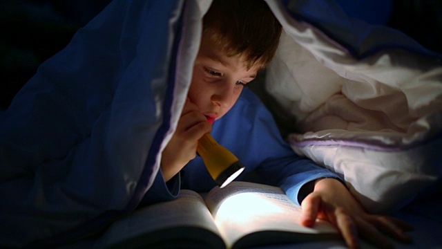 小男孩用手电筒在被子里看书视频下载